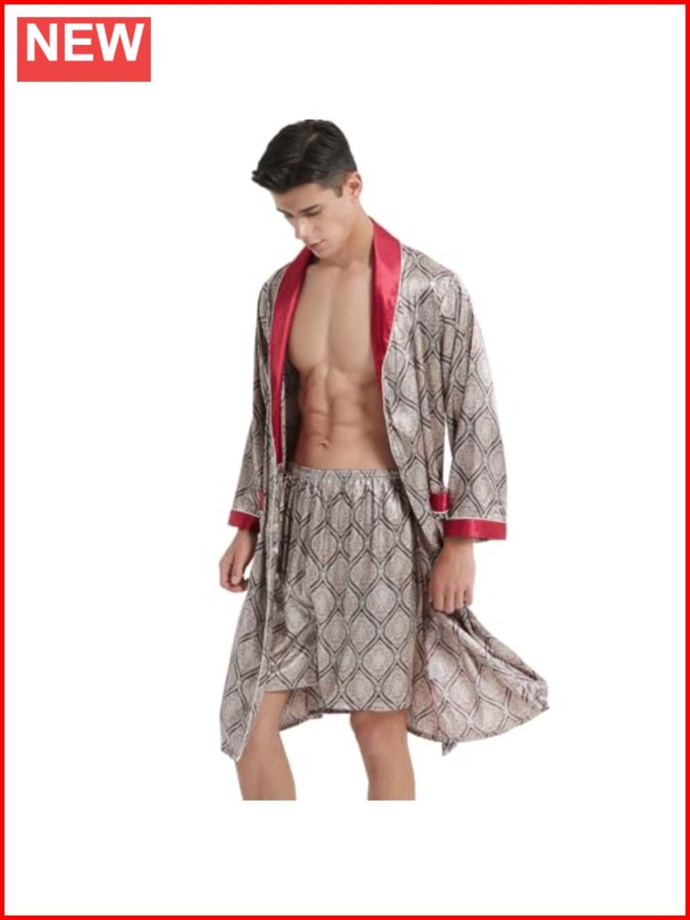 Men's Satin Kimono Robe and Shorts Set Silk-Like Lounge Sleepwear